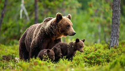 Obraz premium Brown bear mother with three cubs walking through green forest bushes in summer, showing natural wildlife family scene with soft light and peaceful atmosphere