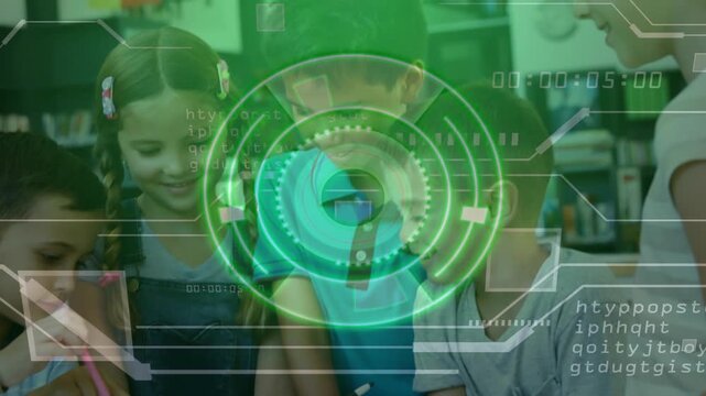 Elementary students tapping tablet with stylus, activating green holographic overlay for education