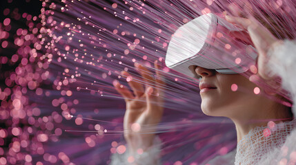 Person in Virtual Reality Immersed in Pink and Purple Fiber Optic Light