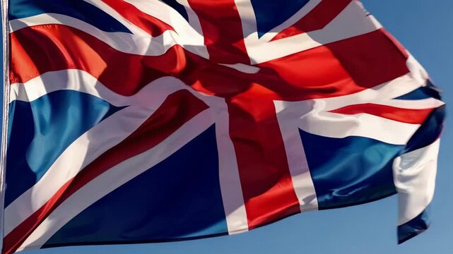 A close-up, low-angle shot of the UK flag waving against a clear blue sky, capturing its vibrant colors. Ideal for a patriotic video backdrop. Live desktop wallpaper.