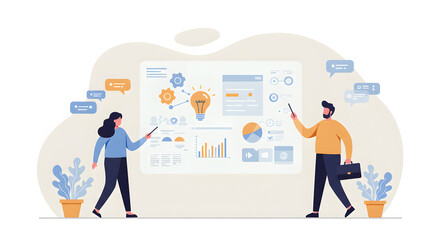 Illustrative Business Presentation with a Woman and a Man Showing Data Charts and Graphs for Business Growth and Creative Idea