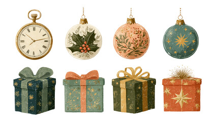 Vintage Style Christmas Ornaments, Gifts, and Clock on Transparent Background