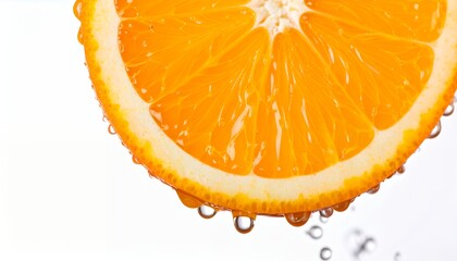 A vibrant, juicy orange slice with glistening water droplets dripping down its side, set against a clean white background.