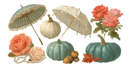 Elegant Vintage Illustration of Pumpkins, Flowers, and Umbrellas on Transparent Background