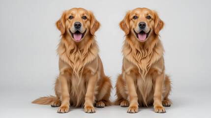 Golden retrievers sitting in front of a white isolated background