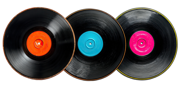 Three vintage vinyl records, side-by-side,  with vibrant colored labels