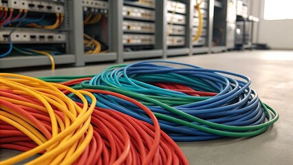 Colored cables on the floor next to servers ideal for technologyrelated content, network infrastructure visuals, data center presentations, cybersecurity themes.