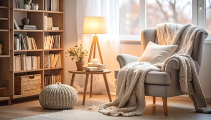 Reading chair corner with soft pillow, blanket, floor lamp and books creating a cozy lifestyle home library vibe.
