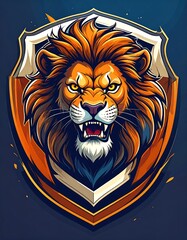 Obraz premium A ferocious lion's head, rendered in vibrant colors, dominates a shield-shaped graphic design.