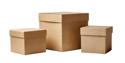 Three Kraft paper boxes of varying sizes,  stacked.  Light brown color,  simple design.  Boxes are closed.  Geometric shapes
