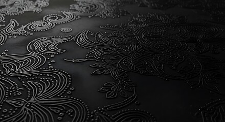 Subtle black stone texture with batik art engraved patterns, ultra realistic close-up, elegant dark wallpaper