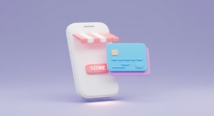 Person holding credit card to pay on smartphone mobile banking app on pastel purple background