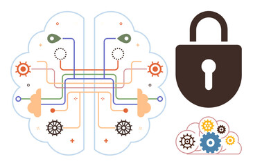 Brain with interconnected lines, gears, and security lock symbolizing data security, AI, and technology. Ideal for innovation, cybersecurity, AI, machine learning logic creativity simple flat