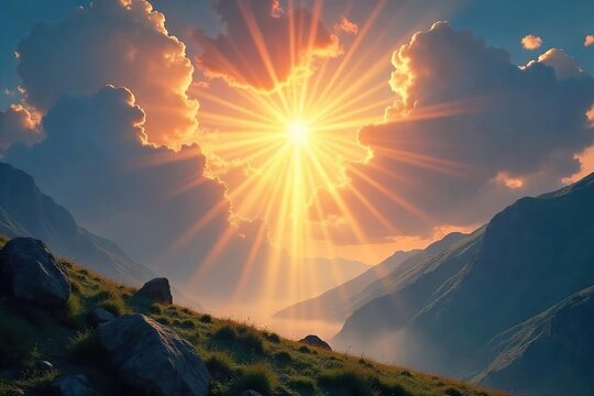 Majestic sun rays pierce through ethereal clouds, illuminating a sacred landscape A breathtaking scene of divine, godly power and heavenly light , god, wonder, godly power