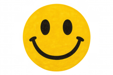 Textured yellow smiley face icon glowing with cheerful energy, radiating positivity against transparent backdrop