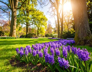 Naklejka premium A vibrant park scene showcases a sunny day filled with lush greenery and vibrant purple hyacinths.