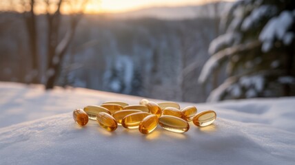 Omega 3 fish oil capsules on snow with winter forest and sunlight in background providing essential vitamins and nutrients for health