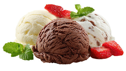 Three scoops of ice cream, vanilla, chocolate, and a mix, topped with fresh strawberries and mint leaves