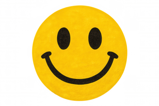 Textured yellow smiley face icon glowing with cheerful energy, radiating positivity against transparent backdrop