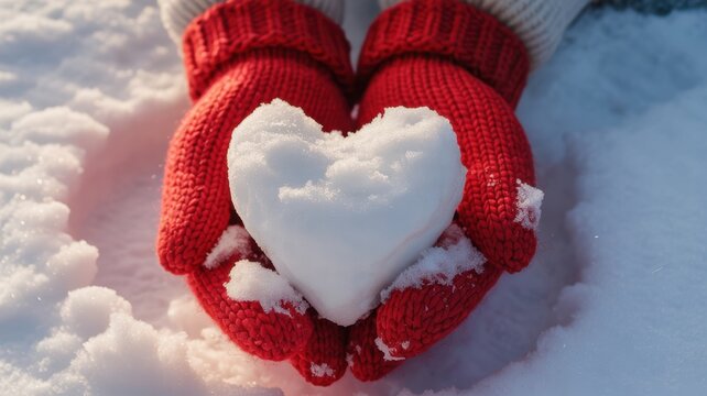Hands in red knitted gloves holding a heart made of snow, a symbol of love and romance during the cold winter season