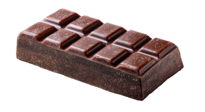 Dark chocolate bar, rectangular shape, glossy surface,  faceted squares