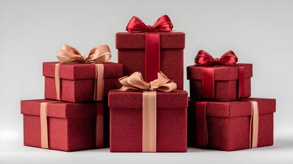 Obraz premium Seven red gift boxes stacked at eye level create a festive display for celebrations and special occasions across various settings