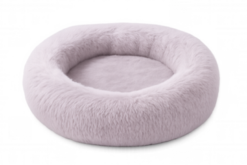 Soft pink round comfy calming pet bed isolated on transparent background, perfect for cats and small dogs