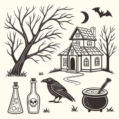 Naklejka premium Halloween sketch with crow, potions, and spooky house