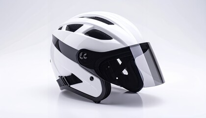 Modern white and black cycling helmet with a dark integrated visor, designed for safety and style.