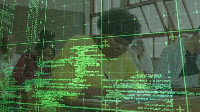 Classmates at wooden desks writing notes while grid code overlay fading in showing digital learning