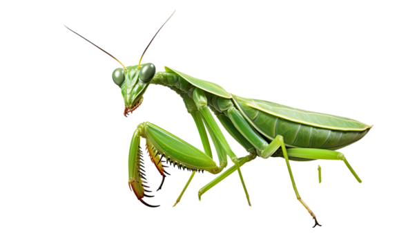 Realistic Praying Mantis in Side Pose Perched Still on Transparent Background