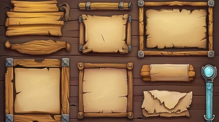 A Collection of Aged Wooden Frames, Scrolls, and Design Elements on a Wood Surface