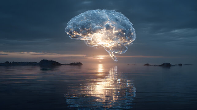 Digital brain hologram floating over ocean at sunris
