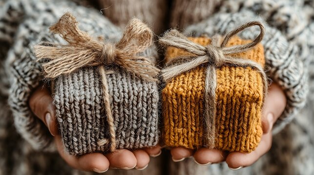 Handcrafted knitted gifts held by a person in warm winter attire showcasing cozy holiday spirit