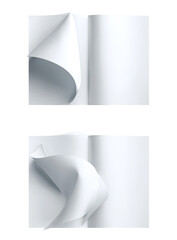 Two open, blank books with pages in motion.  White pages, slightly curved and dynamic, suggest turning.  Clean, simple design
