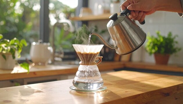 Hand Pouring Hot Water from Gooseneck Kettle into Pour-Over Coffee Dripper on Wooden Counter