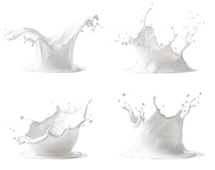 Four milk splashes in various dynamic shapes