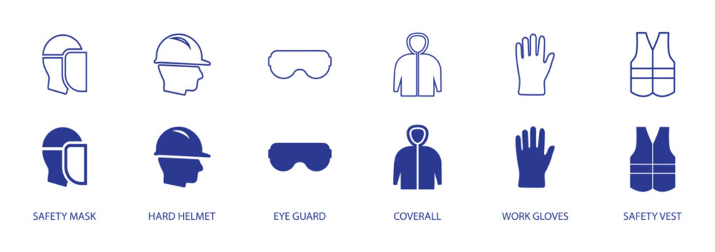 Personal protective equipment (PPE) vector icon set for industrial safety signage based on OSHA  and ISO norms. Includes face shield, hard helmet, safety vest, goggle, gloves, suit, eye guard symbols