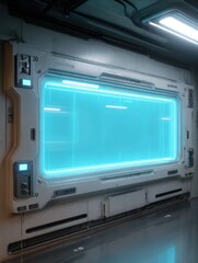 Inside a high-tech control room, a glowing neon blue display is embedded in a sleek wall, surrounded by modern equipment and machinery.