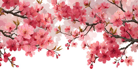 Fototapeta premium Elegant Cherry Blossom Branches with Pink Flowers and Delicate Leaves on Transparent Background