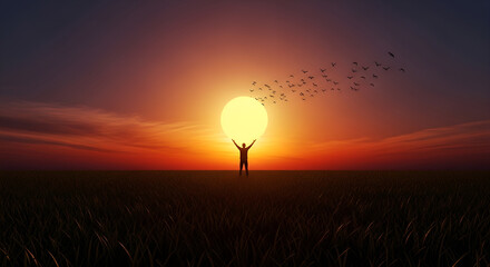 Surreal artwork of a silhouette man holding a giant glowing yellow sun at sunset, with birds flying across the colorful sky. Dreamlike and symbolic fantasy art with cinematic atmosphere