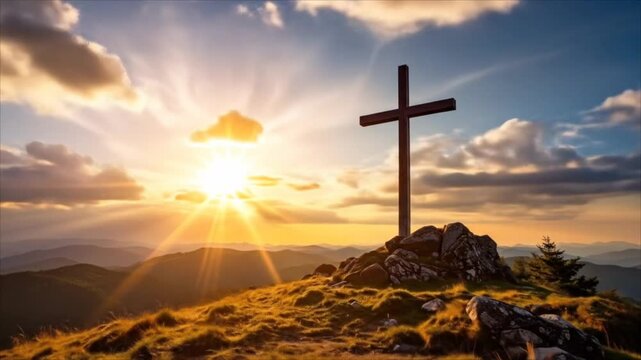 Sunrise cross on hilltop landscape