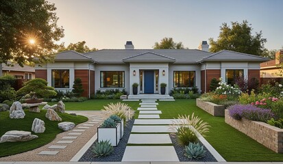 Fototapeta premium a luxurious, modern single-family home with an elaborately landscaped front yard