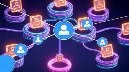 Abstract network with avatar icons connected by neon rings and glowing lines - Powered by Adobe