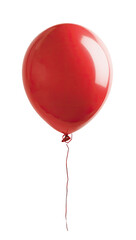 A glossy, vibrant red balloon, isolated against a black background.  The balloon is round and smooth, with a subtle highlight. A thin, dark red string attaches to the bottom