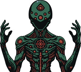 Alien Entity with Multiple Eyes and Open Palms
