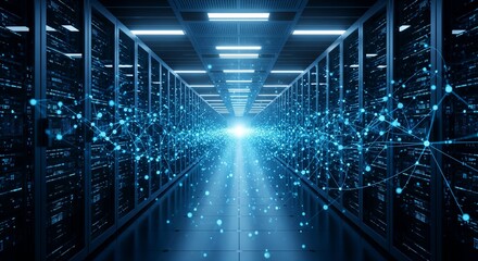 Abstract Data Center Network, Server Room Corridor, Technology Background, Futuristic Digital Connection, Global Network Infrastructure 