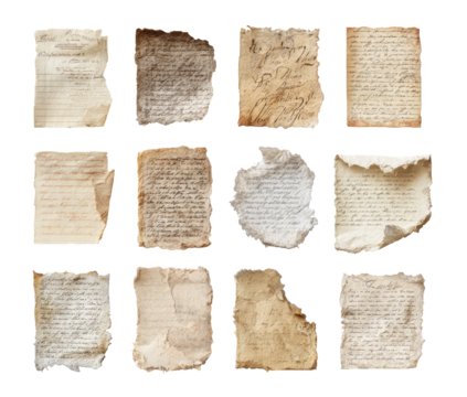 A grid of twelve aged, torn pieces of parchment or paper, showing faded, handwritten text.  The edges are ragged and uneven