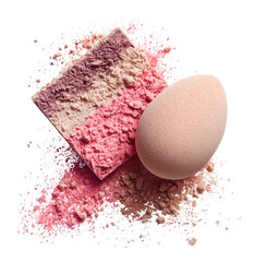 A top-down view of a block of multi-colored makeup product, blush or powder, and a makeup sponge, set amidst a cloud of the same product