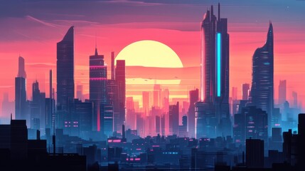 Fototapeta premium Sunset cityscape of futuristic metropolis